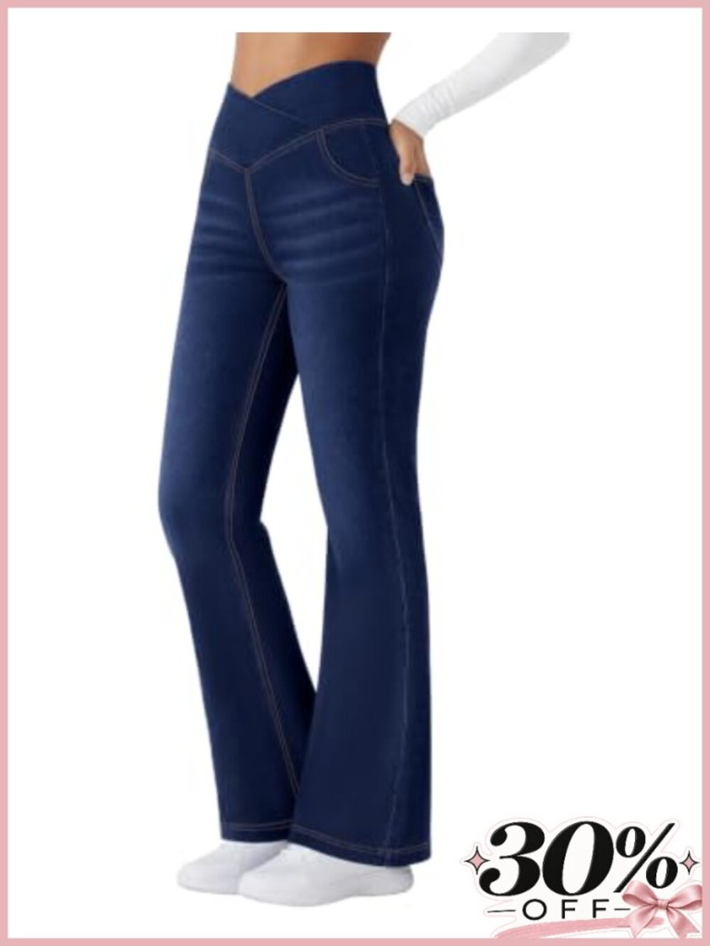 Flare Jeans High Waisted Crossover Pull On Bootcut Stretch Denim Pants